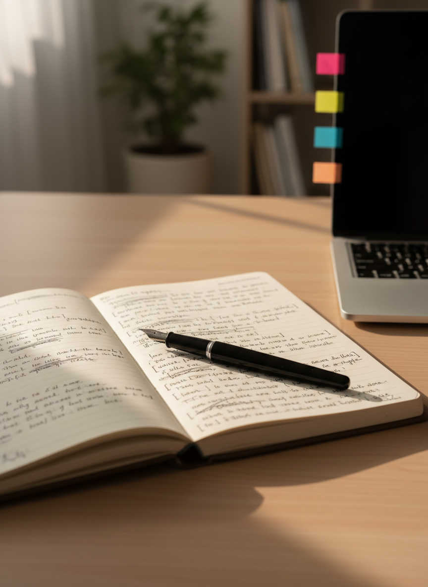 A slightly worn hardcover notebook lies open on a clean wooden desk, its cream pages filled with half-finished paragraphs, crossed-out sentences, and margin notes in dark ink. A single black fountain pen rests diagonally across the center fold, its metal nib catching the light. Beside it, a slim silver laptop is partially closed, screen dim, with a few sticky notes tucked along its edge. Soft morning light from an unseen window washes across the scene, creating gentle shadows and a calm, contemplative atmosphere. Photographic realism, eye-level composition with a shallow depth of field that keeps the open notebook in sharp focus while the laptop and background blur subtly, evoking the feeling of a quiet study space where ideas are still in progress.