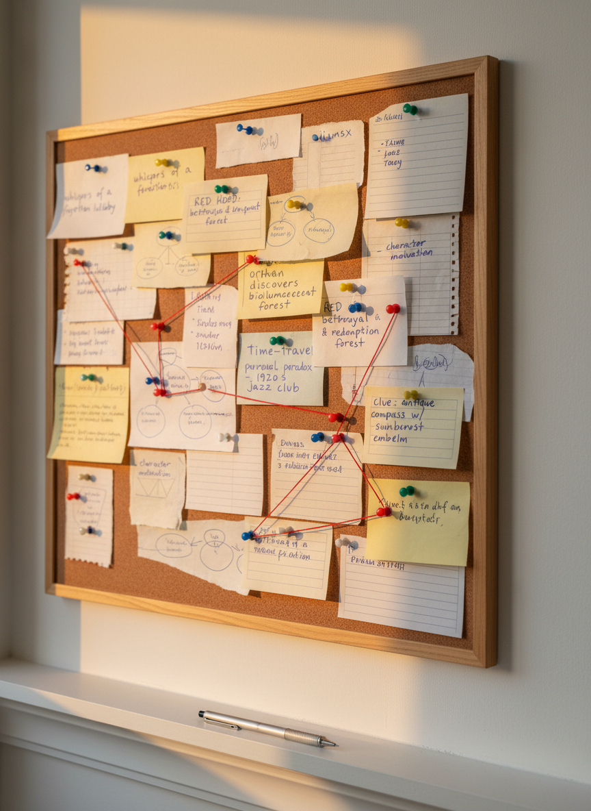 A close-up of a simple cork bulletin board mounted on a matte white wall, covered with overlapping index cards and scraps of paper, each displaying fragments of story ideas, single vivid sentences, and sketched plot diagrams in varied handwriting styles. Color-coded pushpins hold everything in place, and a thin red yarn connects a few related notes. A slim graphite mechanical pencil lies on the white windowsill below the board. Late afternoon light streams in from the side, creating dramatic but soft-edged shadows and warm highlights on the paper edges. Shot in photographic realism from a slightly angled perspective, the composition uses the rule of thirds, emphasizing the organized chaos and analytical yet creative mood of a writer refining unfinished concepts.